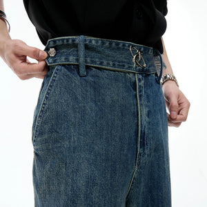 Close-up of the vintage slub texture and stone-wash effect on denim