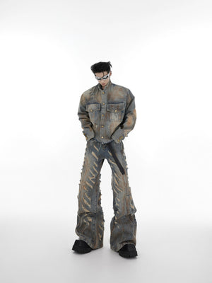 Close up of the heavy washing and destroyed details on the cropped denim jacket