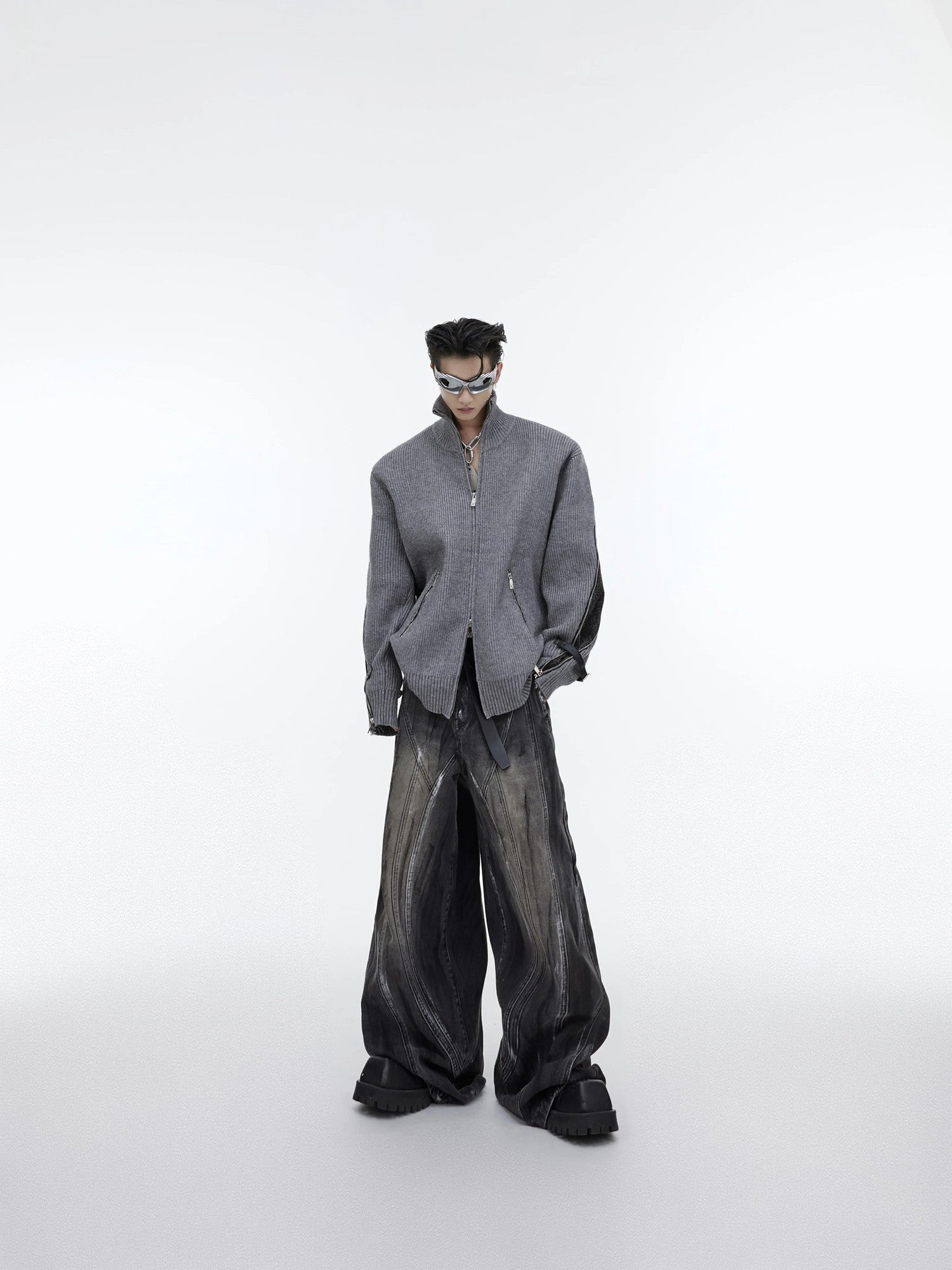 Zoomed texture of bleached and distressed high-waist denim