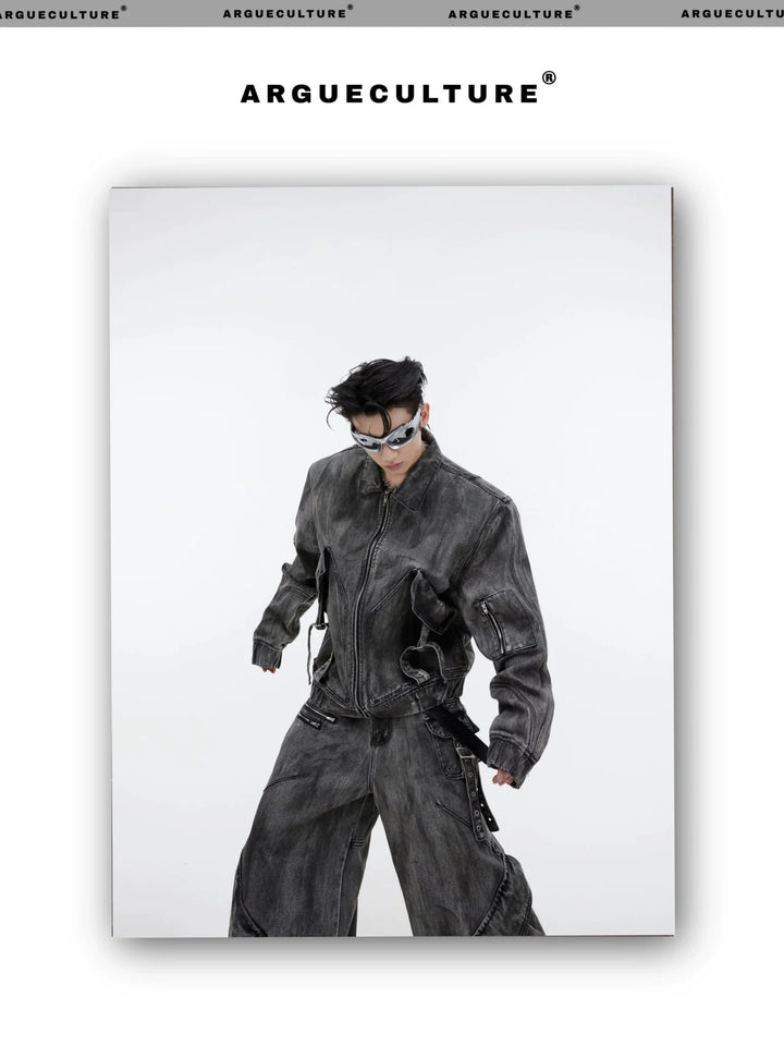 Wasteland Punk Distressed Denim Suit with Jacket and Cargo Pants - ArguE CulturE