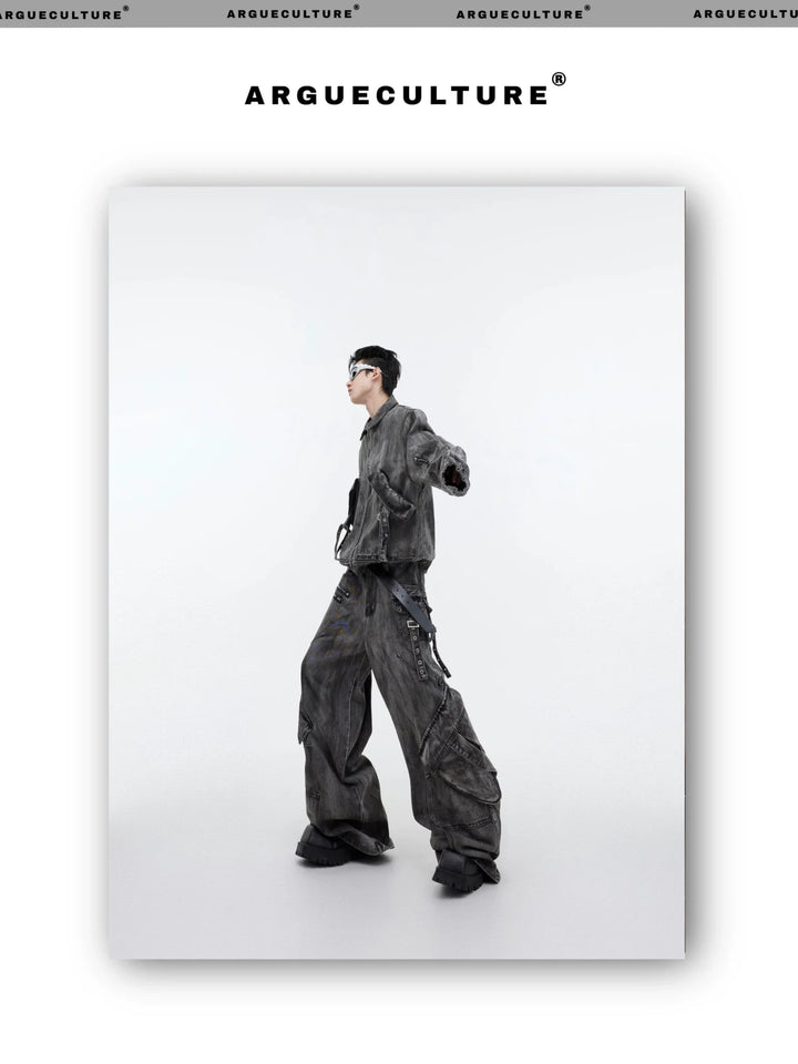 Wasteland Punk Distressed Denim Suit with Jacket and Cargo Pants - ArguE CulturE