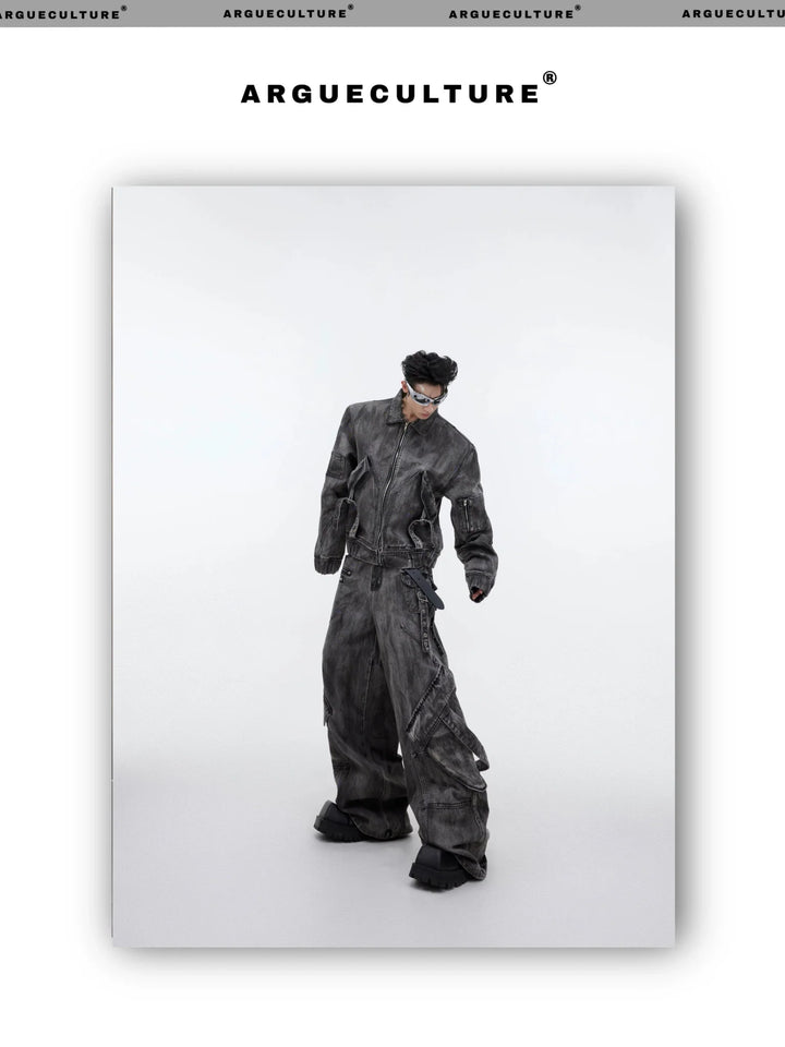 Wasteland Punk Distressed Denim Suit with Jacket and Cargo Pants - ArguE CulturE