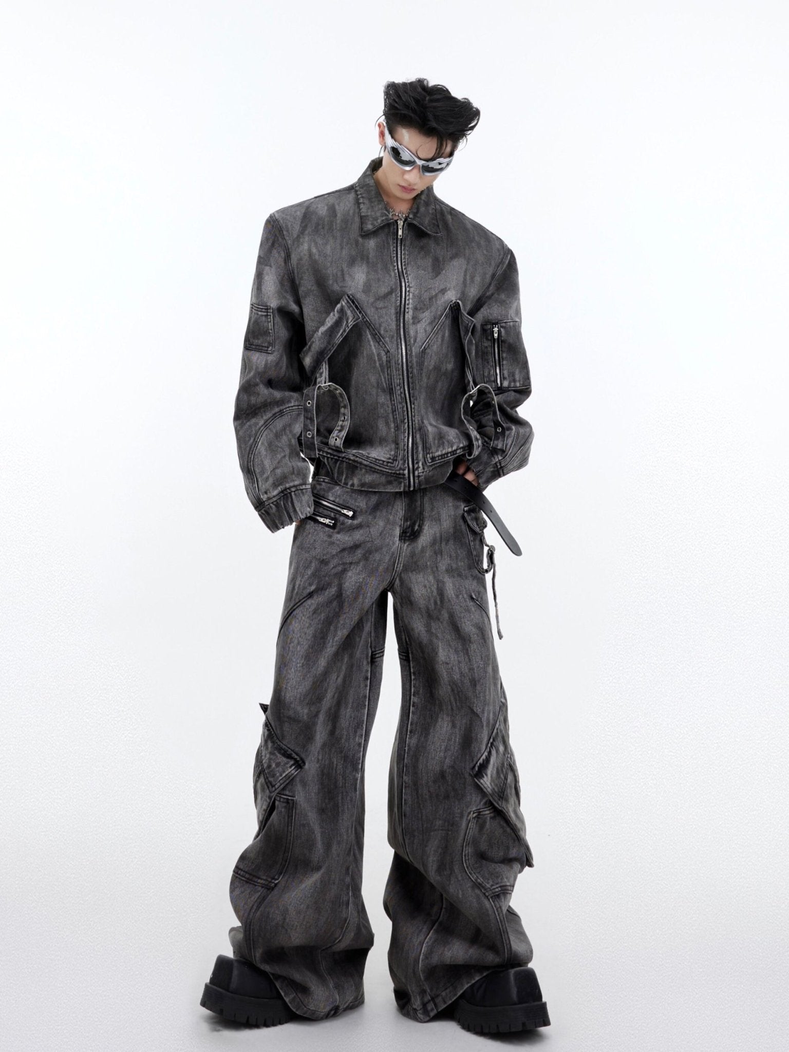 Wasteland Punk Distressed Denim Suit with Jacket and Cargo Pants - ArguE CulturE