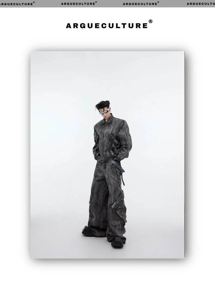 Wasteland Punk Distressed Denim Suit with Jacket and Cargo Pants - ArguE CulturE