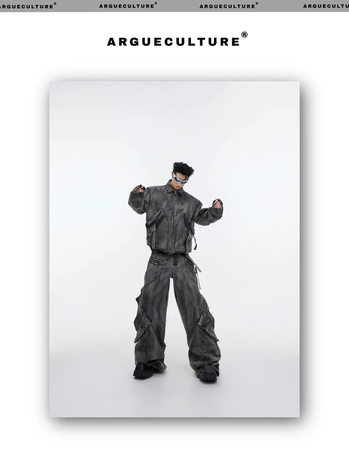 Wasteland Punk Distressed Denim Suit with Jacket and Cargo Pants - ArguE CulturE