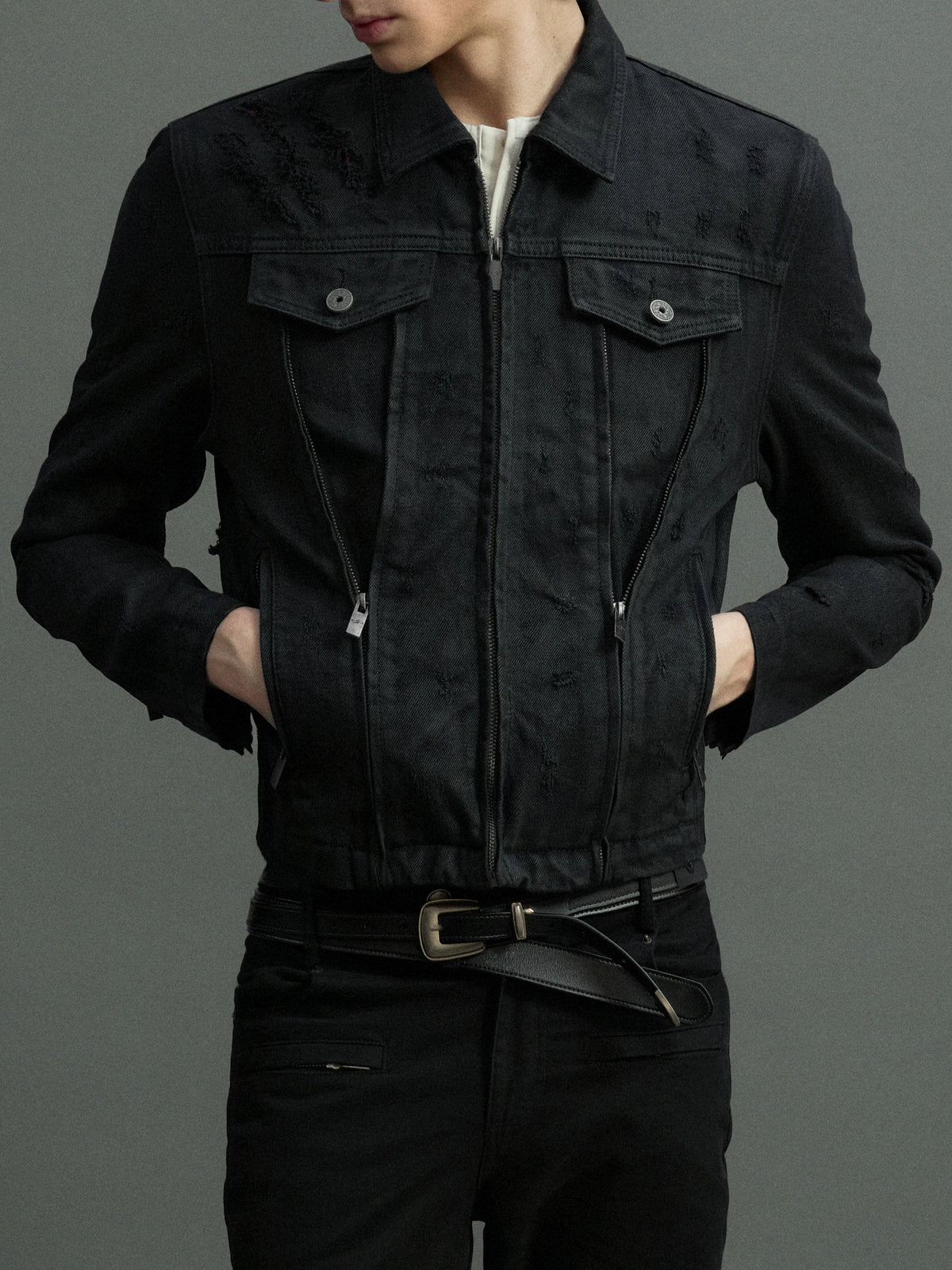Waxed Black Distressed Multi-Zip Denim Jacket | Streetwear - main image 5