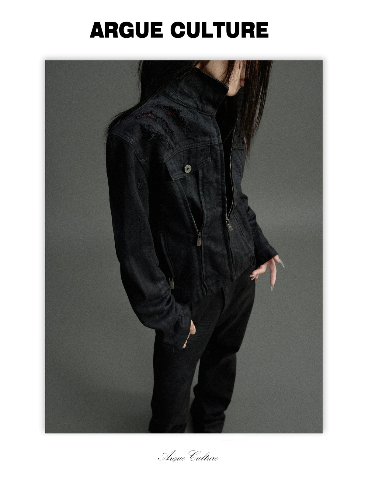 Waxed Black Distressed Multi-Zip Denim Jacket | Streetwear - detail image 13