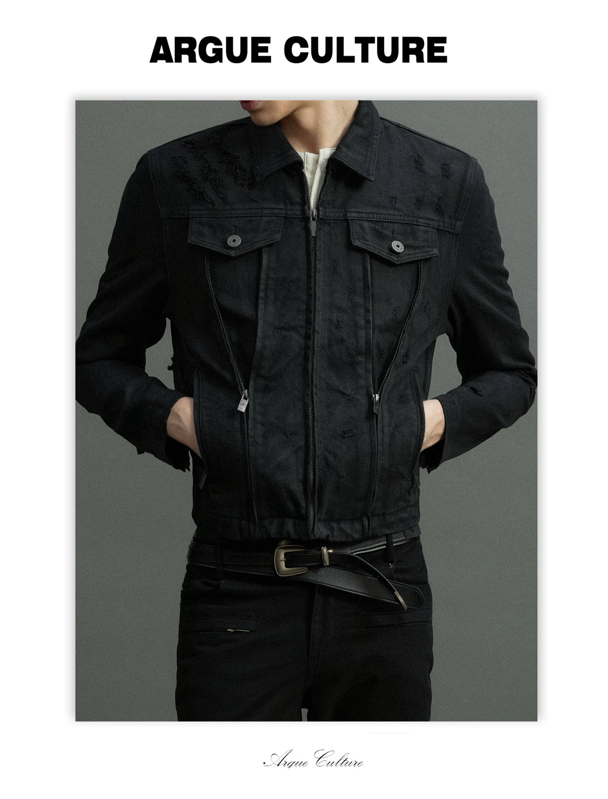 Waxed Black Distressed Multi-Zip Denim Jacket | Streetwear - detail image 8