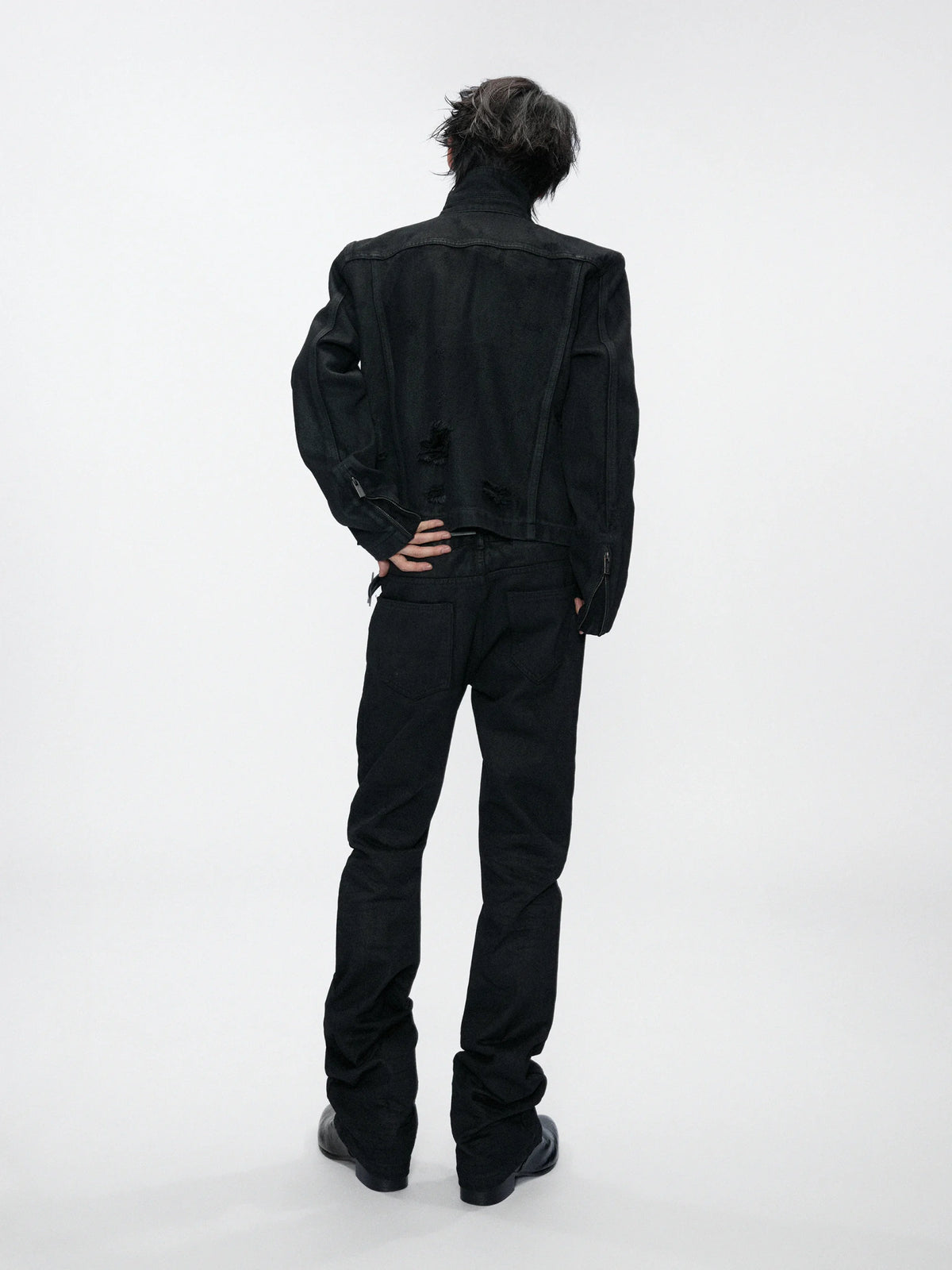 Waxed Black Distressed Multi-Zip Denim Jacket | Streetwear - main image 3