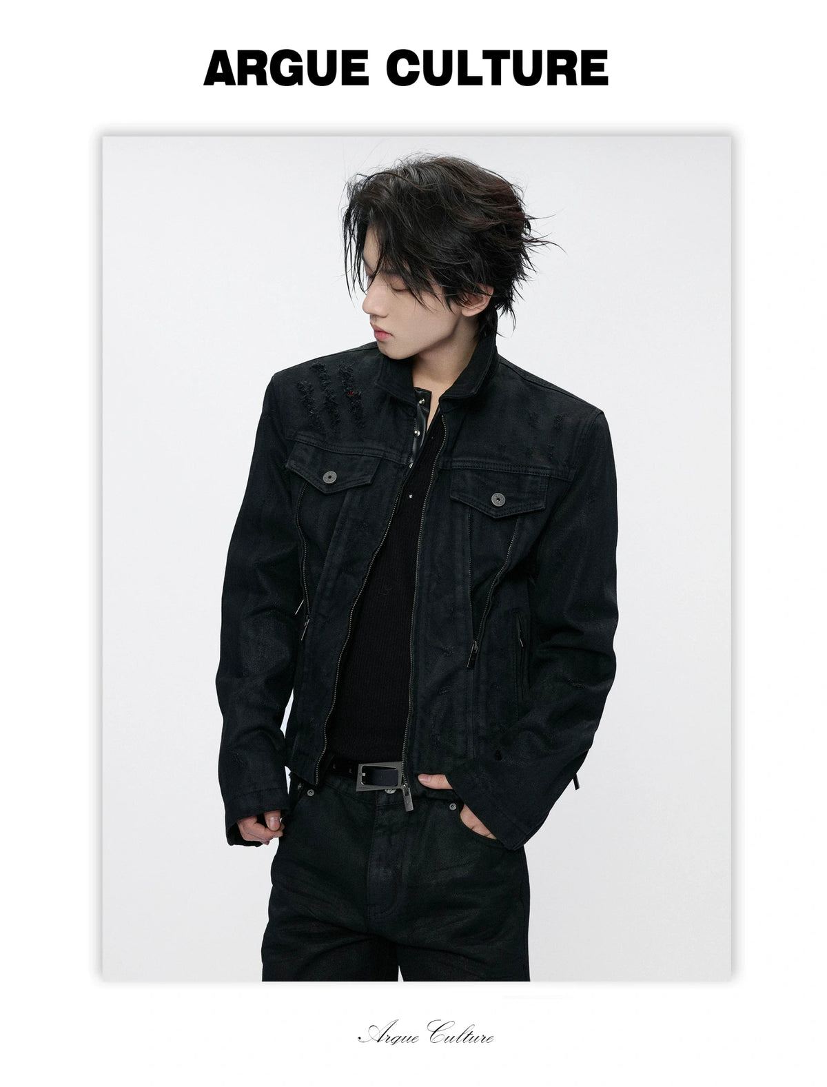 Waxed Black Distressed Multi-Zip Denim Jacket | Streetwear - detail image 3