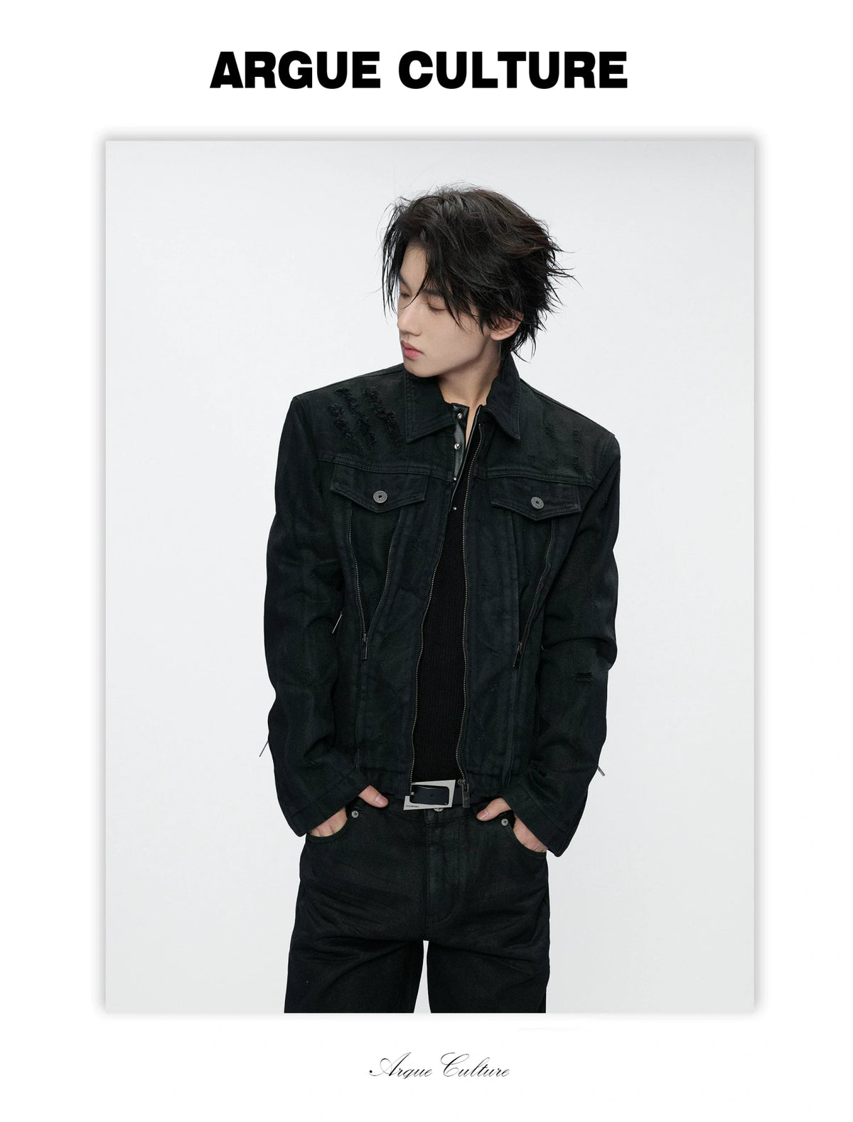 Waxed Black Distressed Multi-Zip Denim Jacket | Streetwear - detail image 15