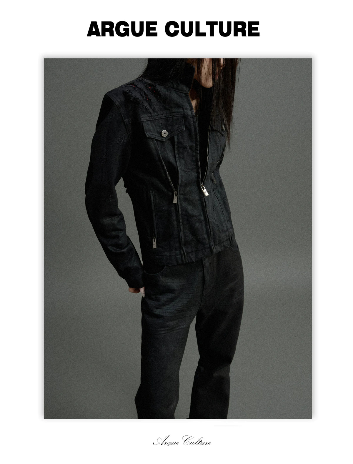 Waxed Black Distressed Multi-Zip Denim Jacket | Streetwear - detail image 12