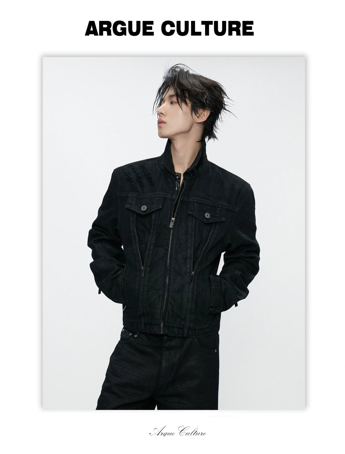 Waxed Black Distressed Multi-Zip Denim Jacket | Streetwear - detail image 5
