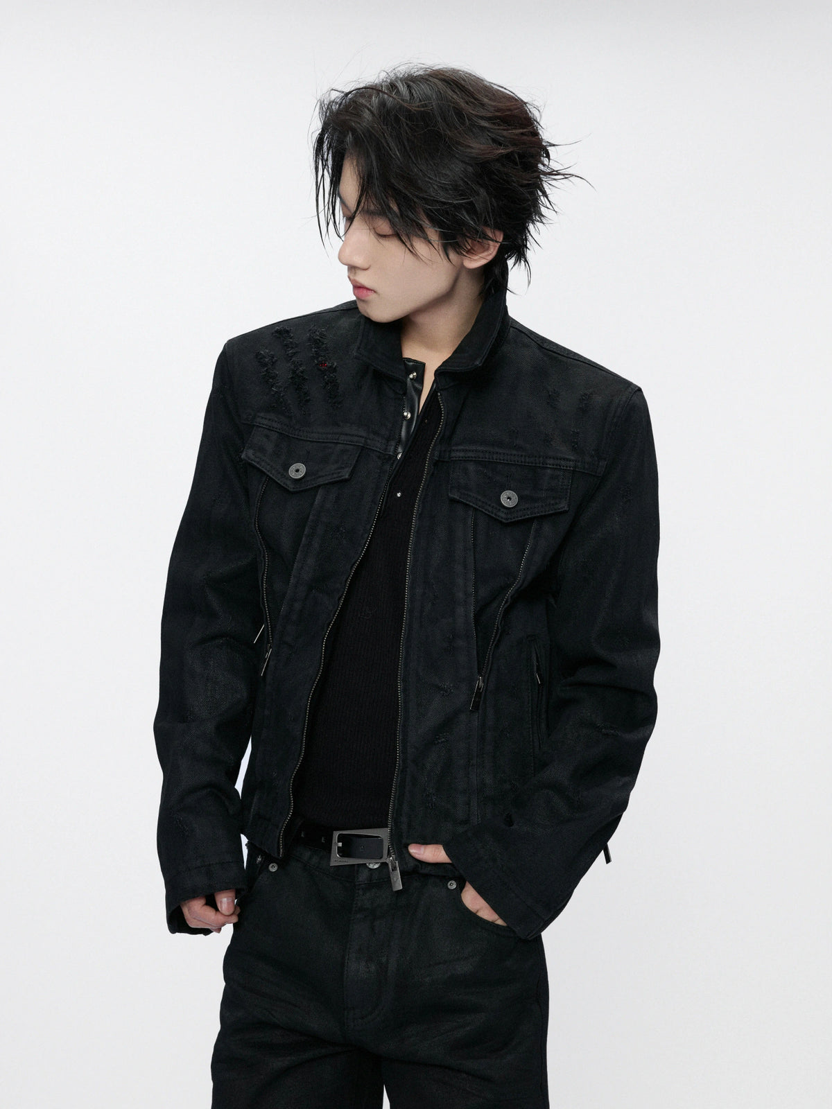 Waxed Black Distressed Multi-Zip Denim Jacket | Streetwear - main image 2