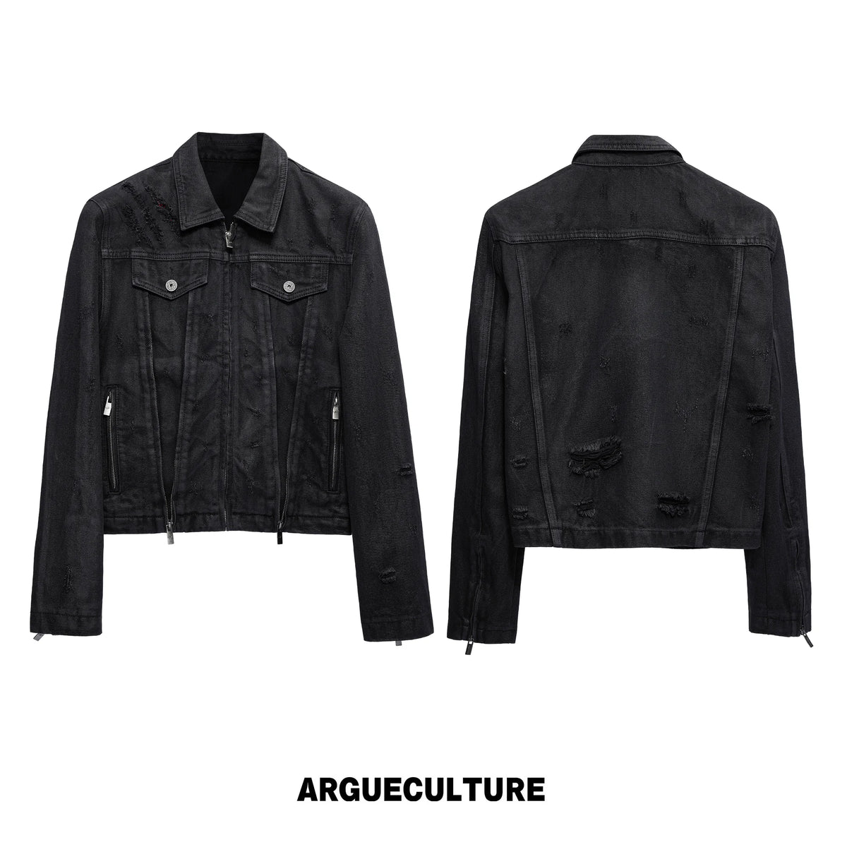 Waxed Black Distressed Multi-Zip Denim Jacket | Streetwear - Distressed Waxed Black