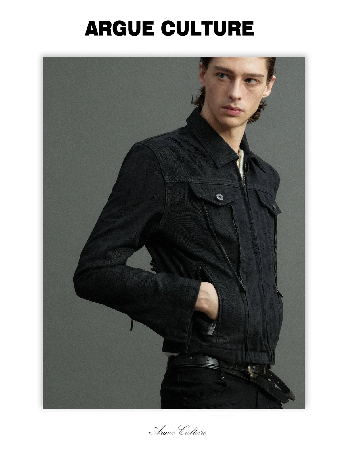 Waxed Black Distressed Multi-Zip Denim Jacket | Streetwear - detail image 9