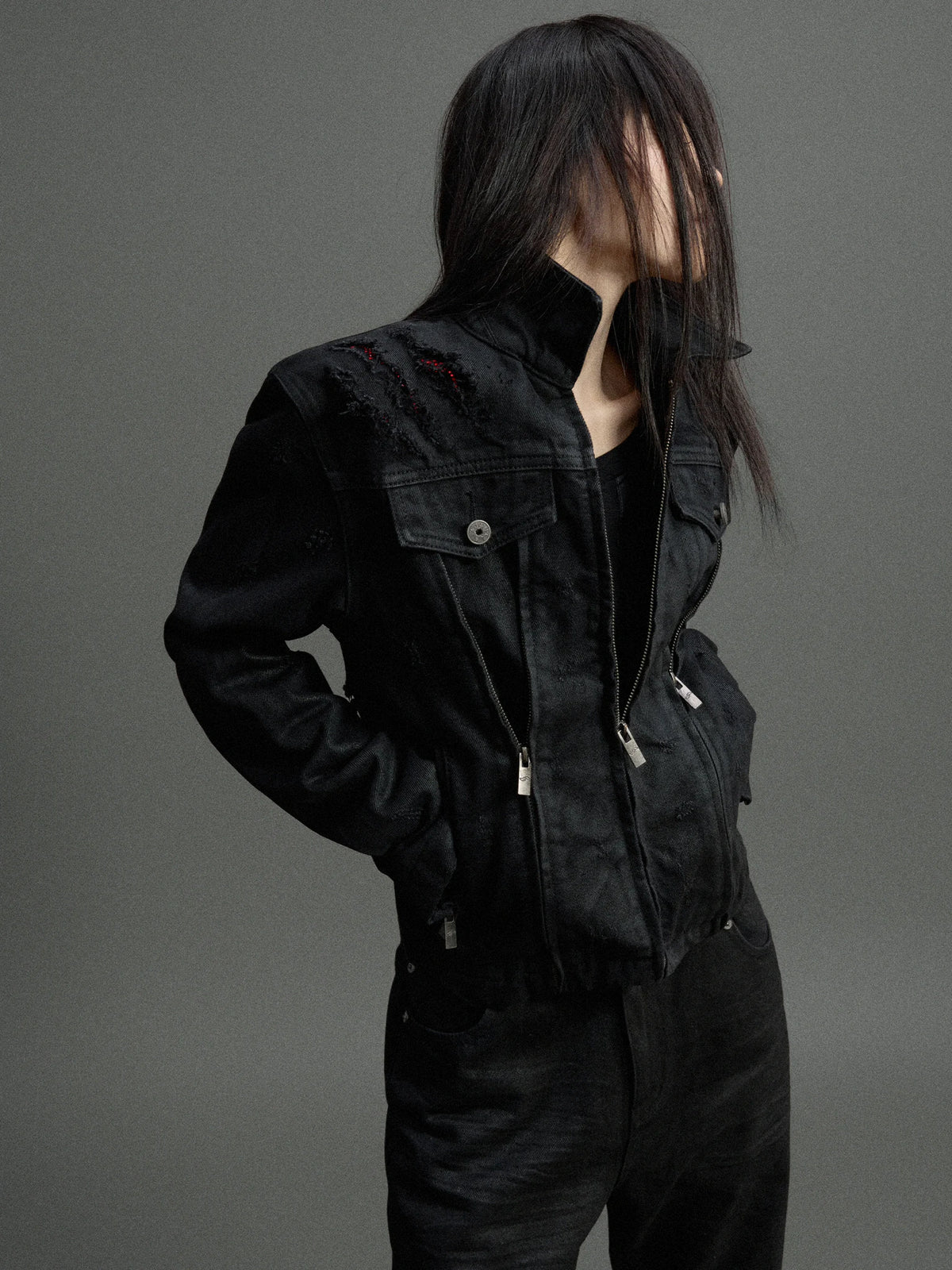 Waxed Black Distressed Multi-Zip Denim Jacket | Streetwear - main image 4