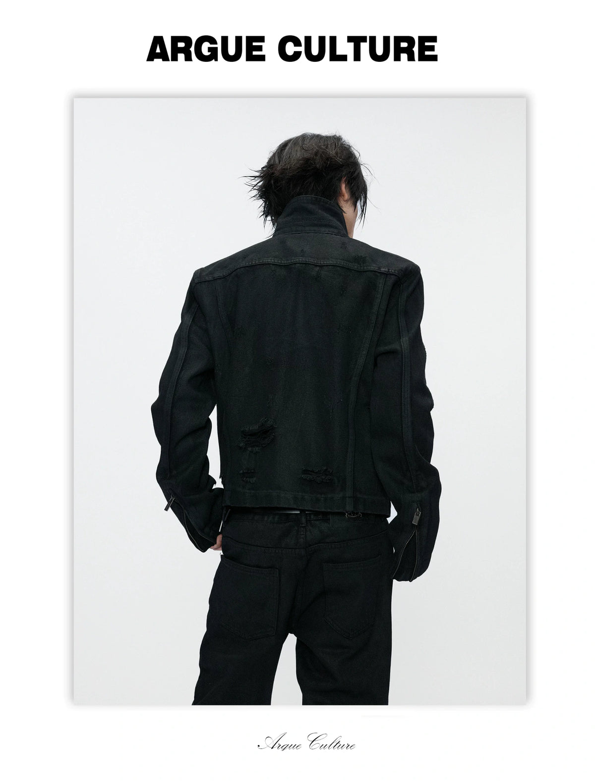 Waxed Black Distressed Multi-Zip Denim Jacket | Streetwear - detail image 4