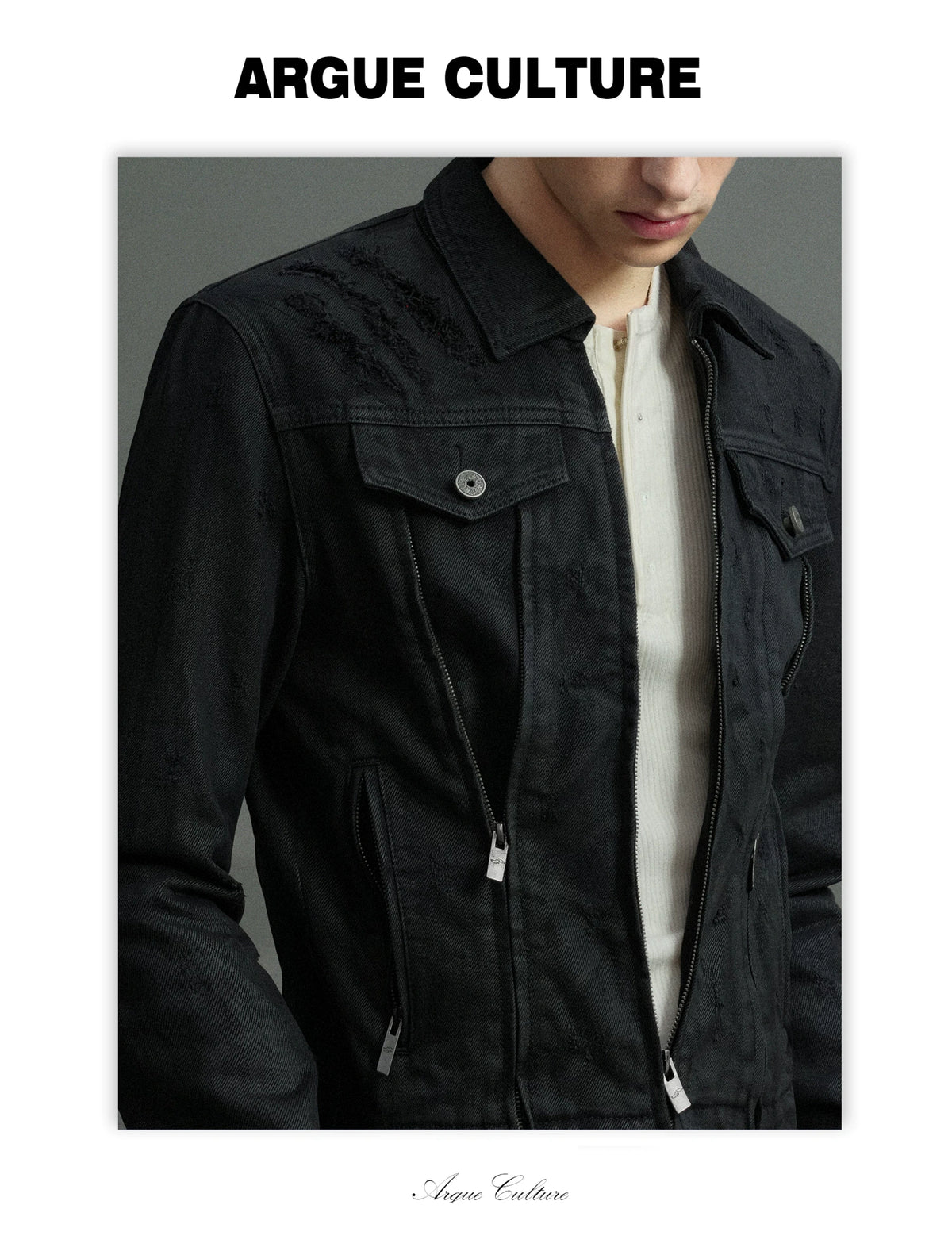 Waxed Black Distressed Multi-Zip Denim Jacket | Streetwear - detail image 2