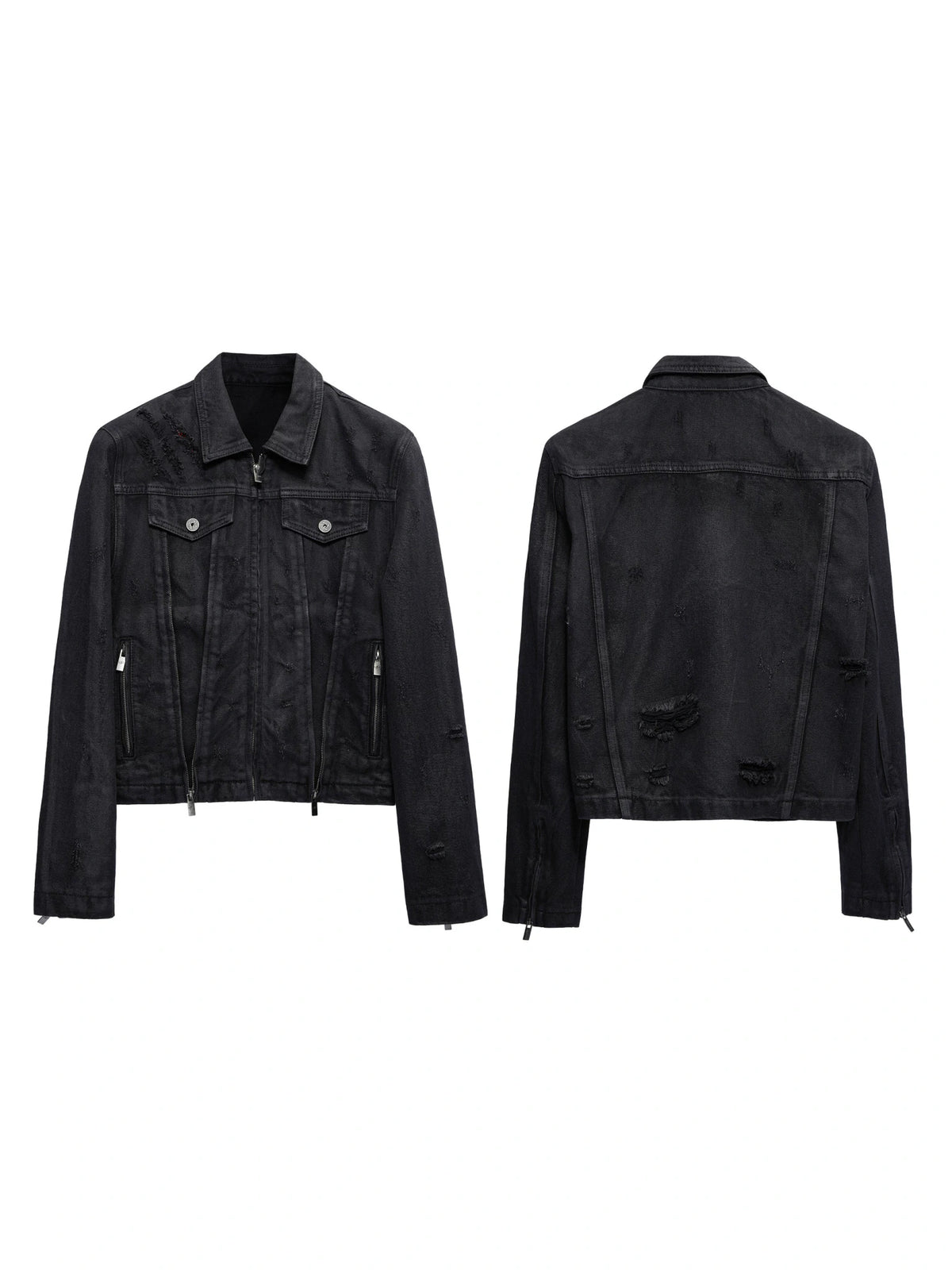 Waxed Black Distressed Multi-Zip Denim Jacket | Streetwear - main image 1