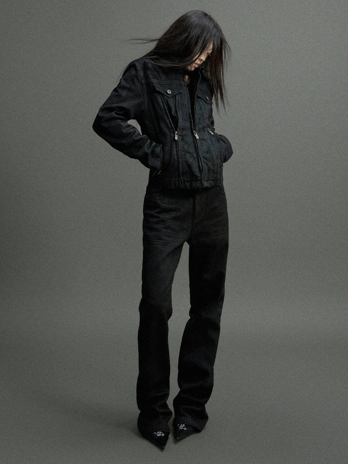 Waxed Charcoal Micro-Flare Denim Jeans | Cotton Blend - main image 2