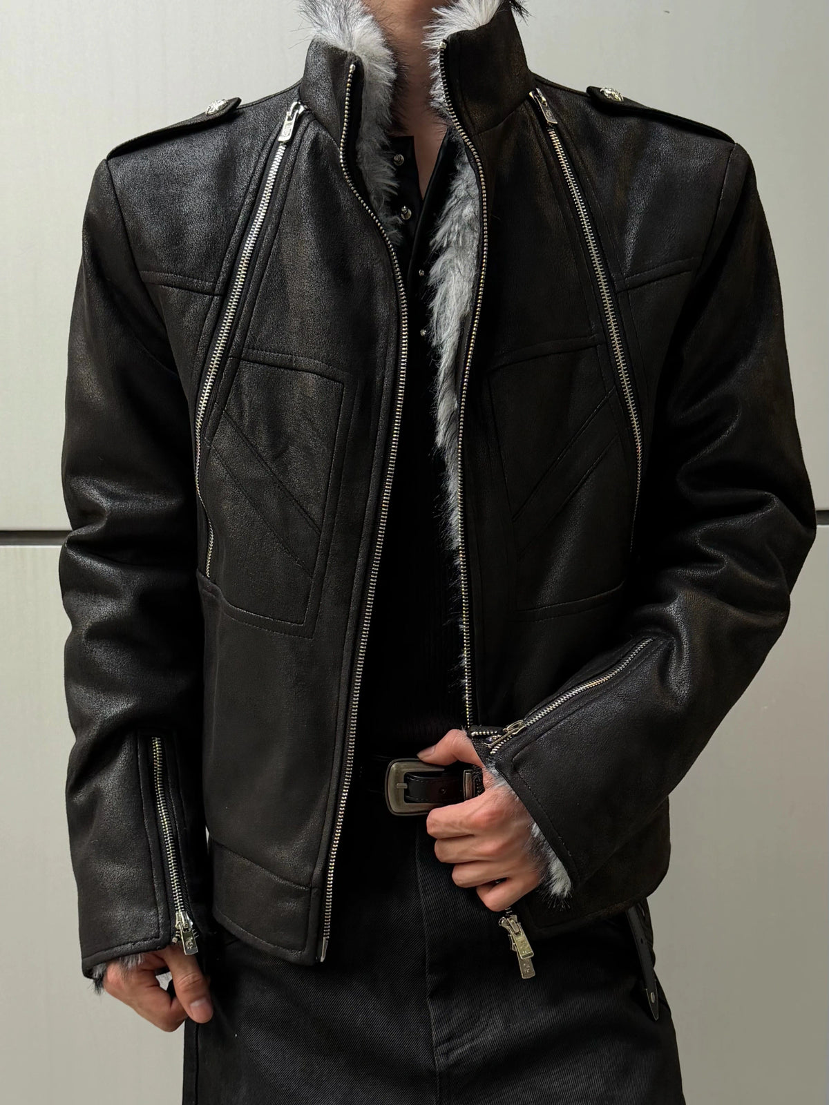 Waxed-Look Faux Leather Hunting Jacket in Black - main image 4
