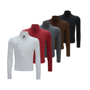 Black slim fit wool blend high neck tee with contrast stitching