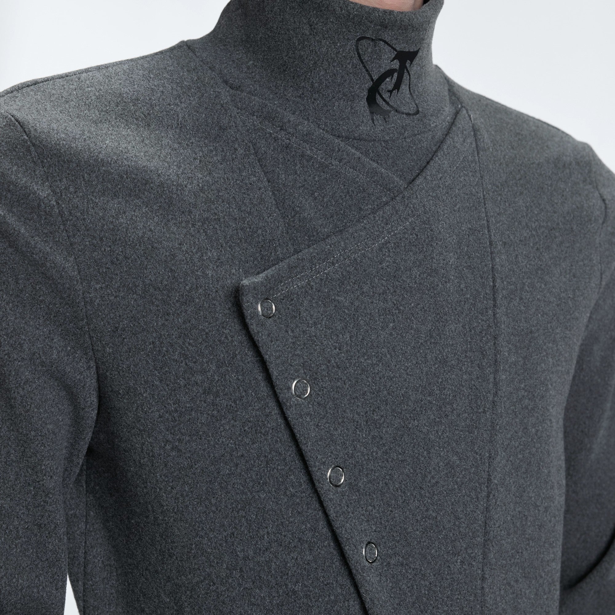 Model wearing red high neck long sleeve streetwear top