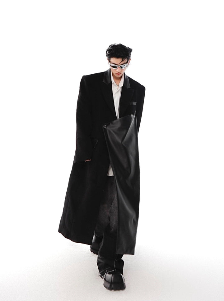 Woolen Overcoat with Faux Leather Patchwork | Unisex Long Trench Coat - ArguE CulturE