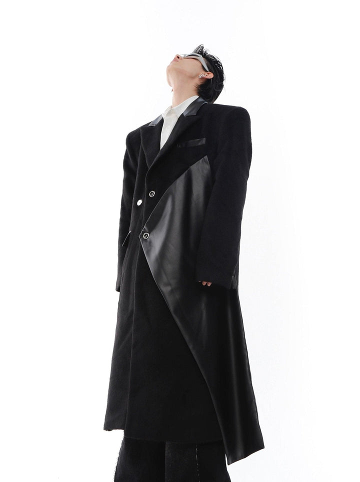 Woolen Overcoat with Faux Leather Patchwork | Unisex Long Trench Coat - ArguE CulturE