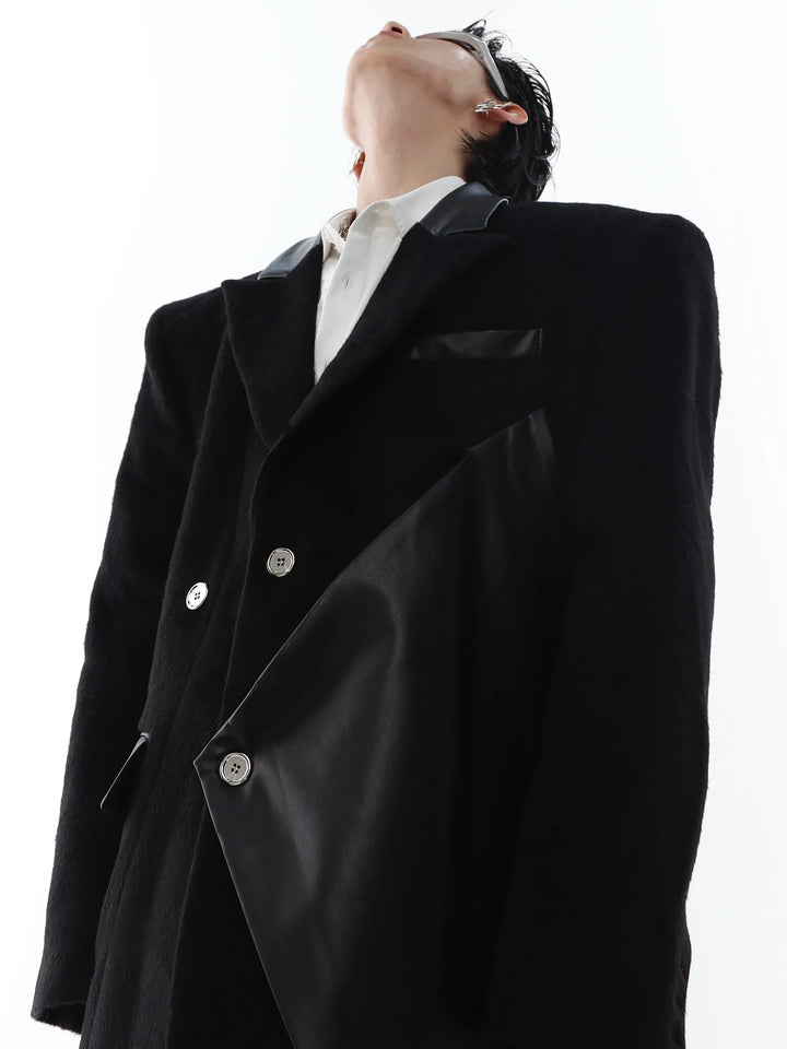 Woolen Overcoat with Faux Leather Patchwork | Unisex Long Trench Coat - ArguE CulturE