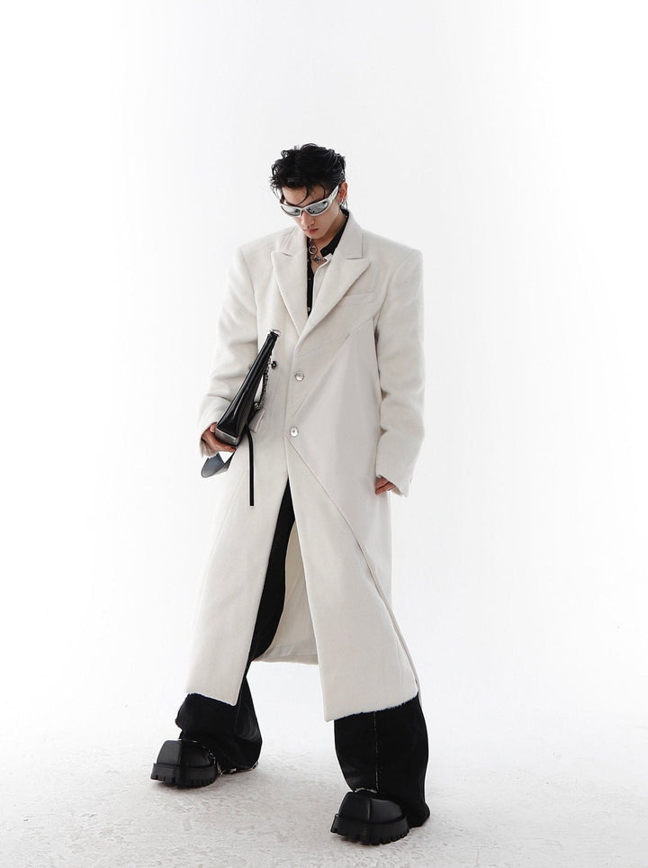 Woolen Overcoat with Faux Leather Patchwork | Unisex Long Trench Coat - ArguE CulturE