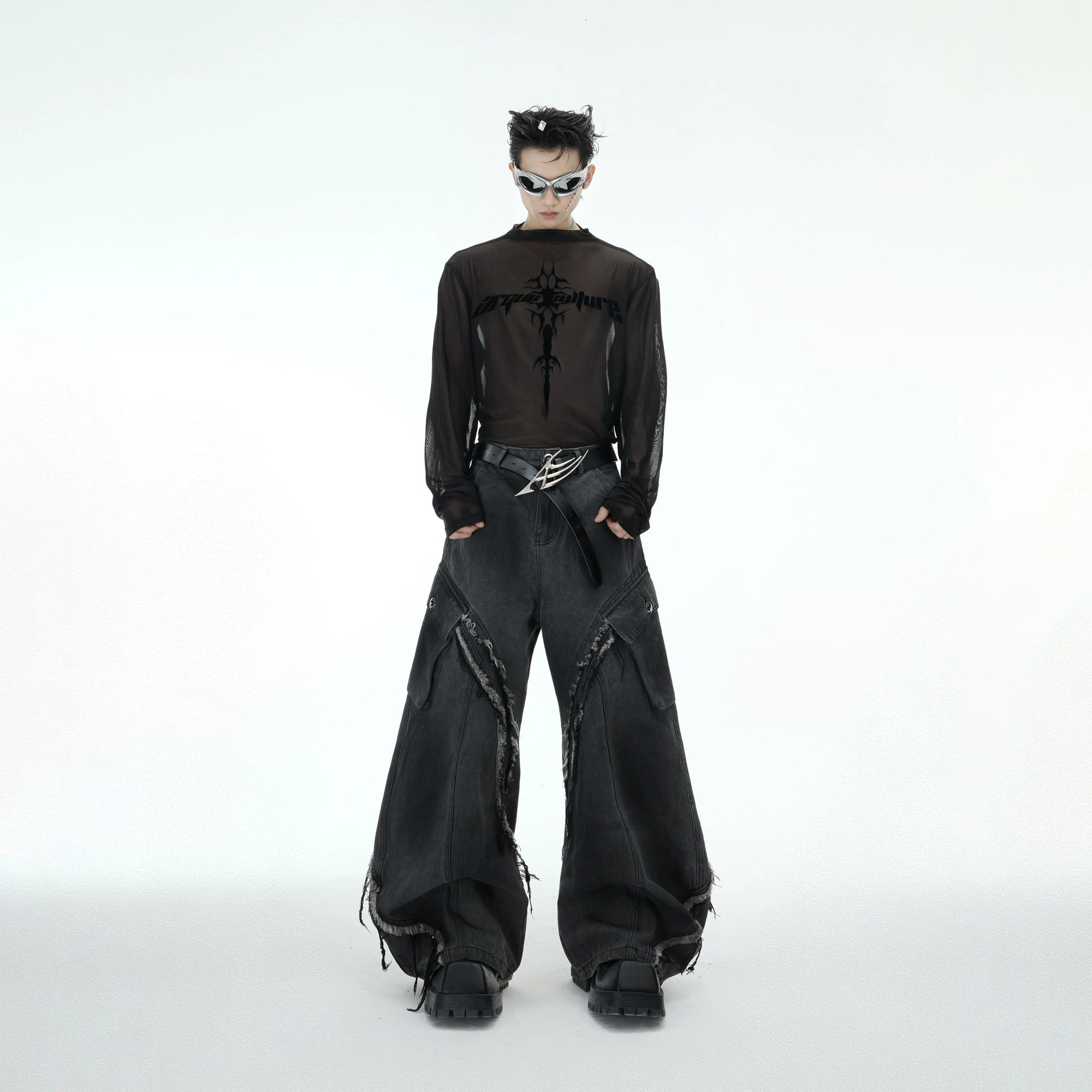 Black mesh long sleeve shirt showing transparency and fit