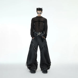 Black mesh long sleeve shirt showing transparency and fit