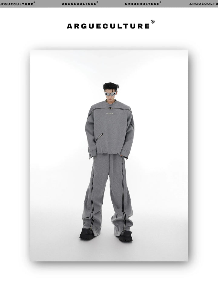 Zippered Shoulder - Padded Round Neck Sweatshirt and Joggers Set - ArguE CulturE