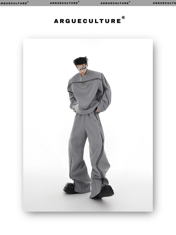 Zippered Shoulder - Padded Round Neck Sweatshirt and Joggers Set - ArguE CulturE